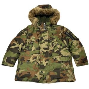Polo Ralph Lauren Boys Down Parka Coat Size 4T Hooded Faux Fur Trim Camo Winter